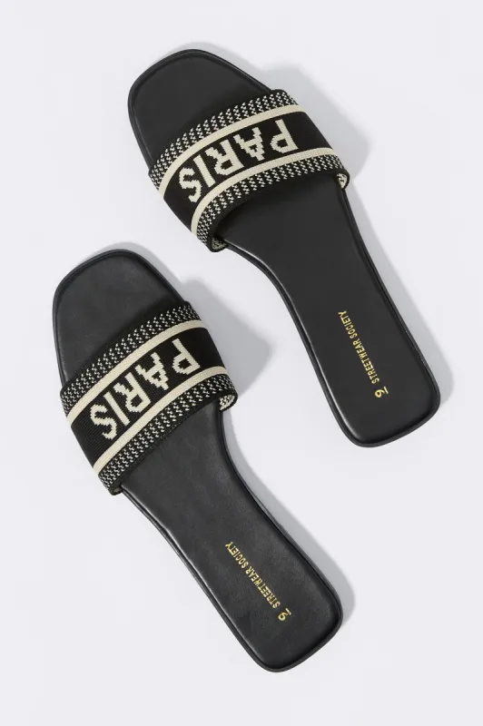 St Tropez Black Embroidered Rhinestone Slide sold by Charlotte Russe
