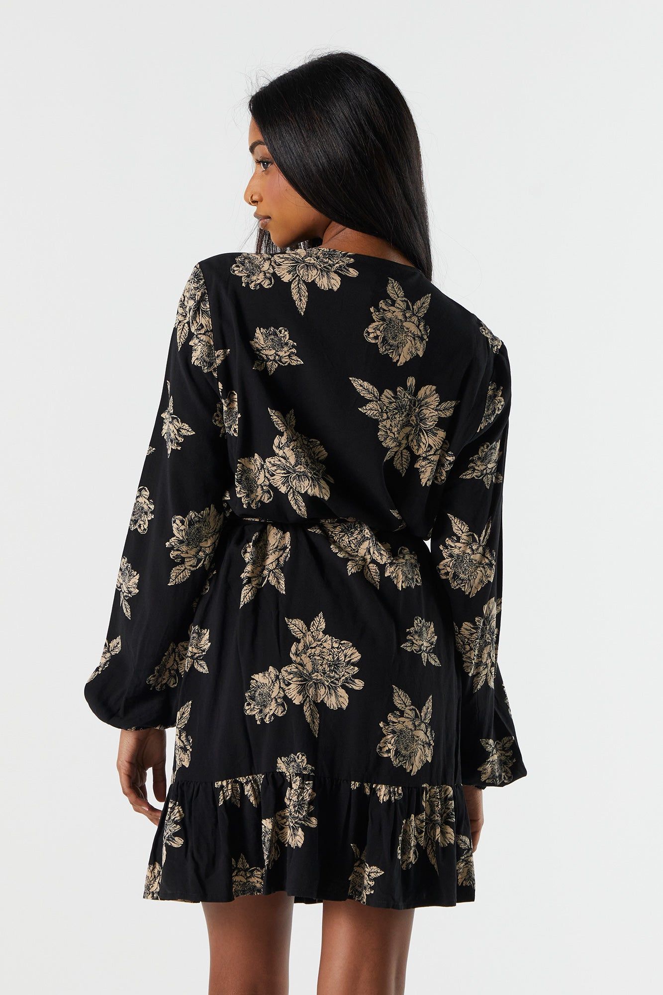 Black Floral Belted Long Sleeve Mini Dress sold by Charlotte Russe product image thumbnail 2