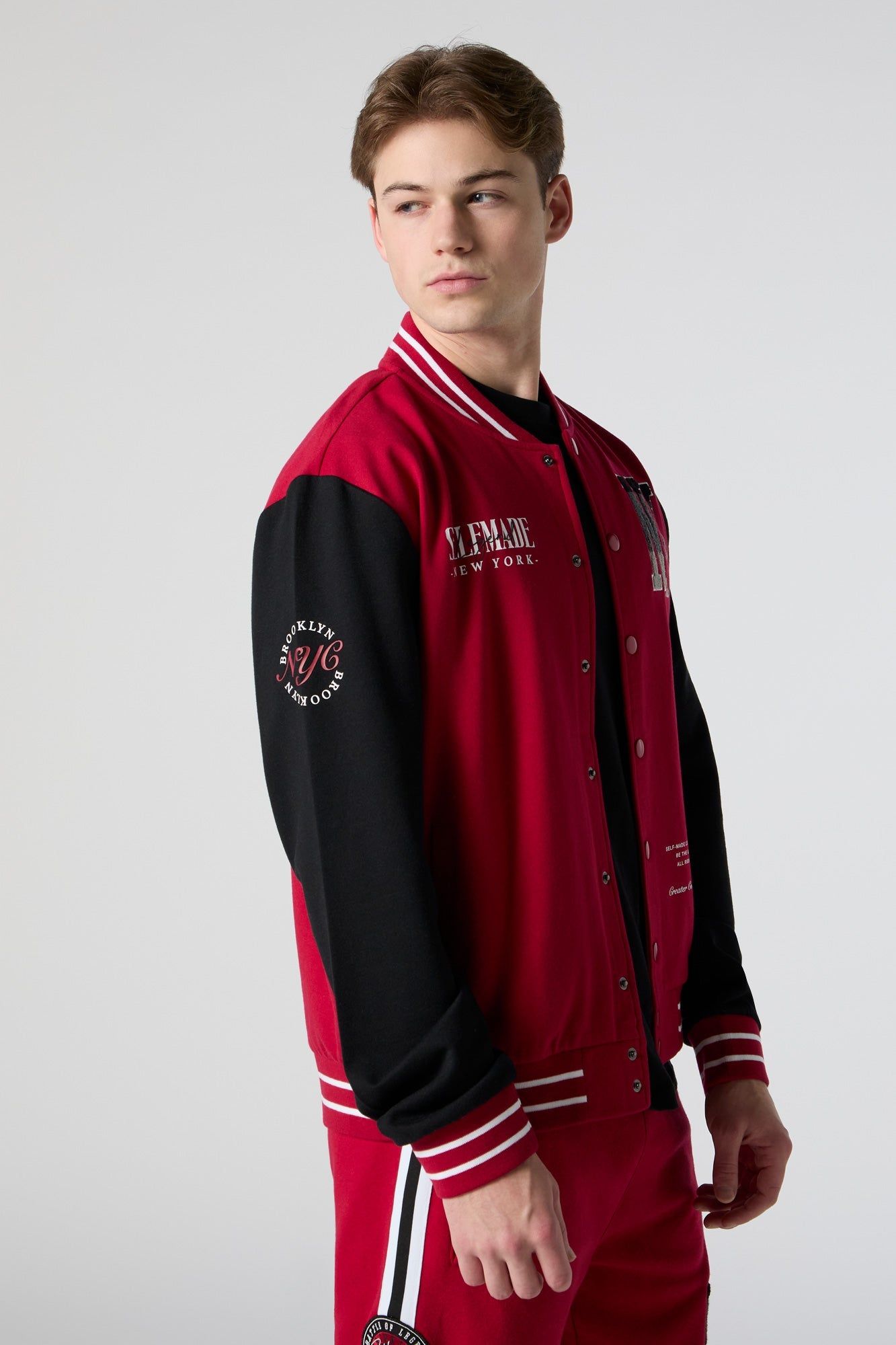 NY Chenille Embroidered Red Varsity Jacket sold by Charlotte Russe