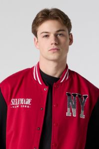 NY Chenille Embroidered Red Varsity Jacket sold by Charlotte Russe