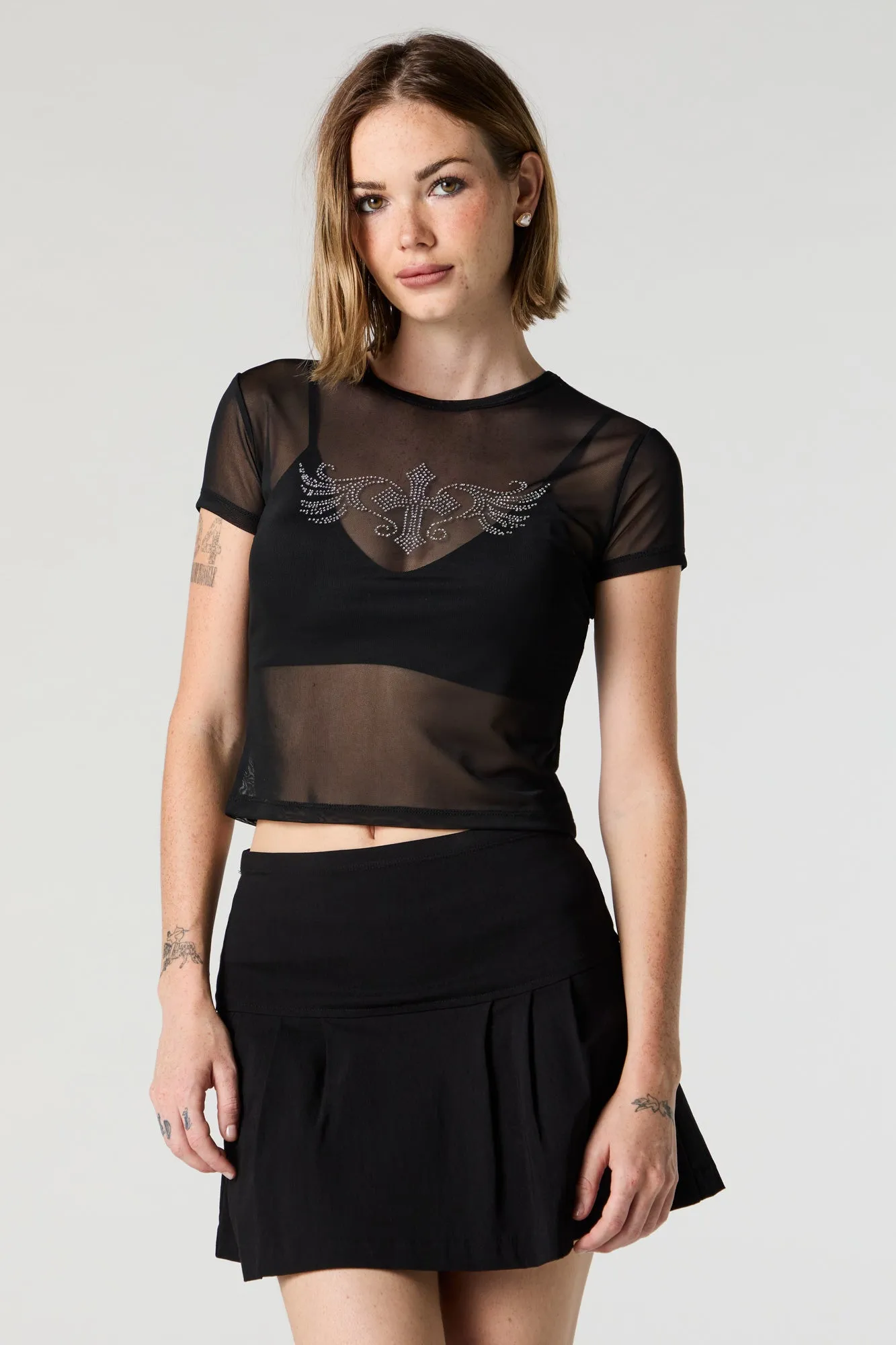 Mesh Rhinestone Graphic Cropped T-Shirt sold by Charlotte Russe product image thumbnail 5