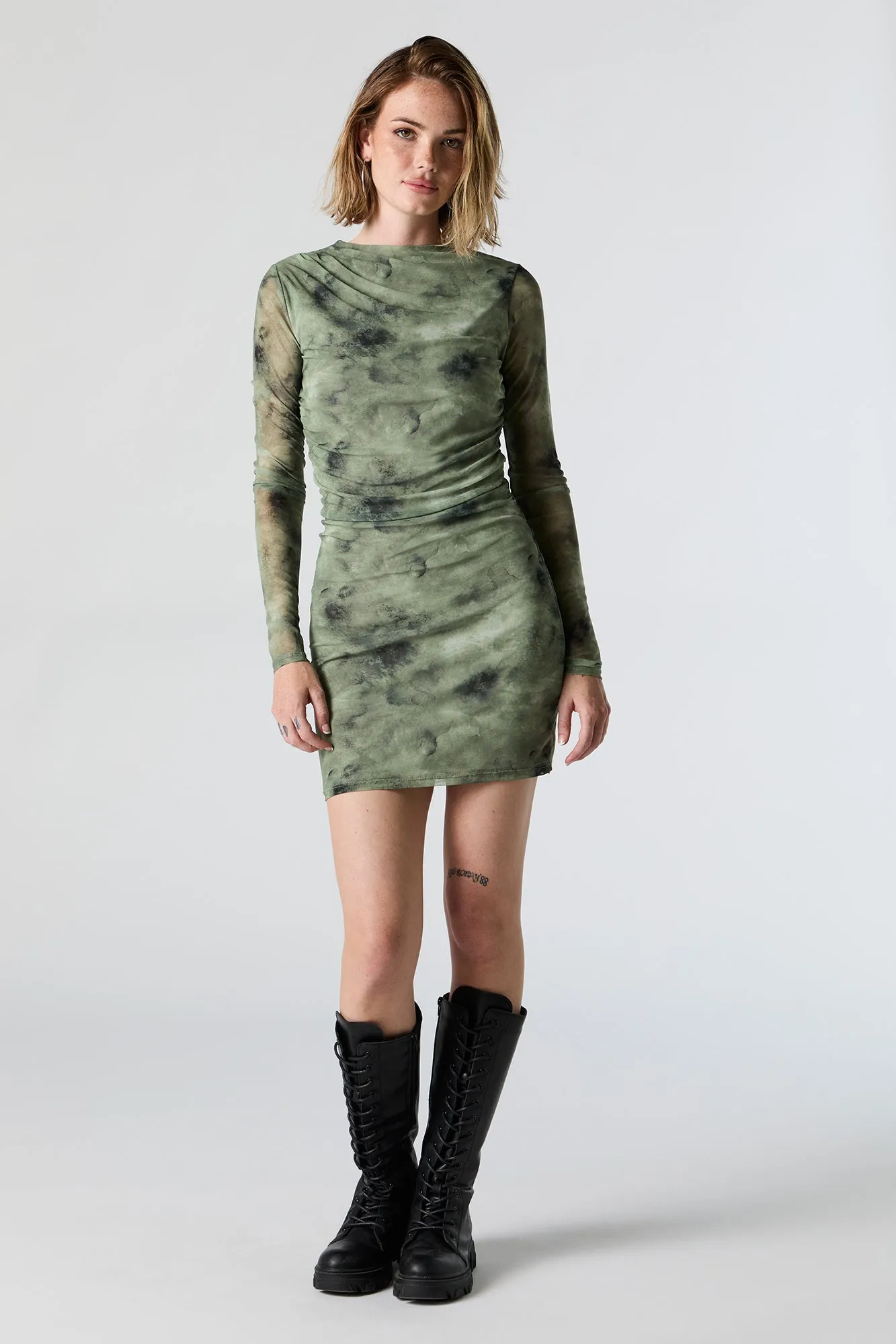 Mesh Ruched Long Sleeve Mini Dress sold by Charlotte Russe product image thumbnail 3