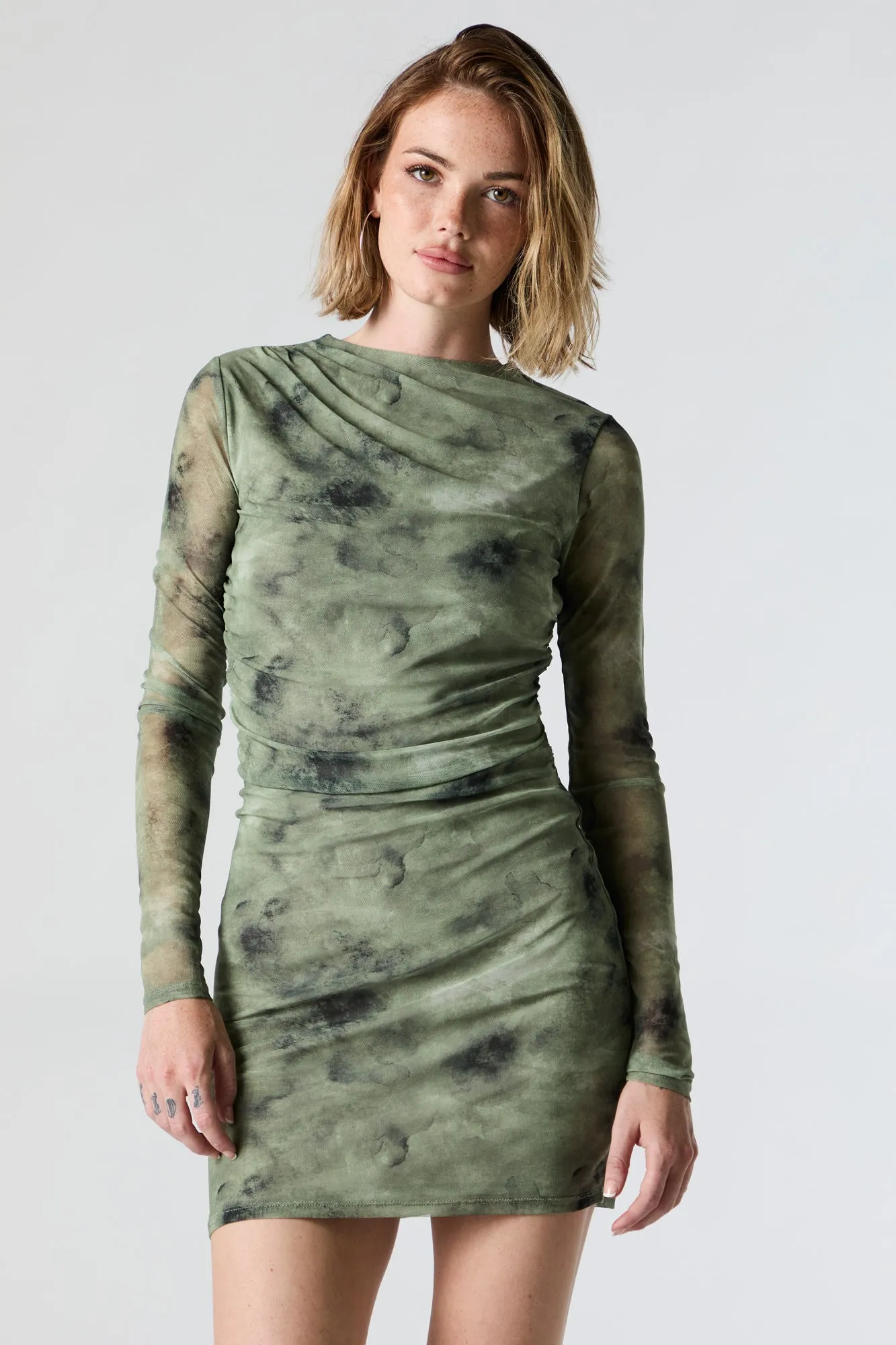 Mesh Ruched Long Sleeve Mini Dress sold by Charlotte Russe product image thumbnail 4