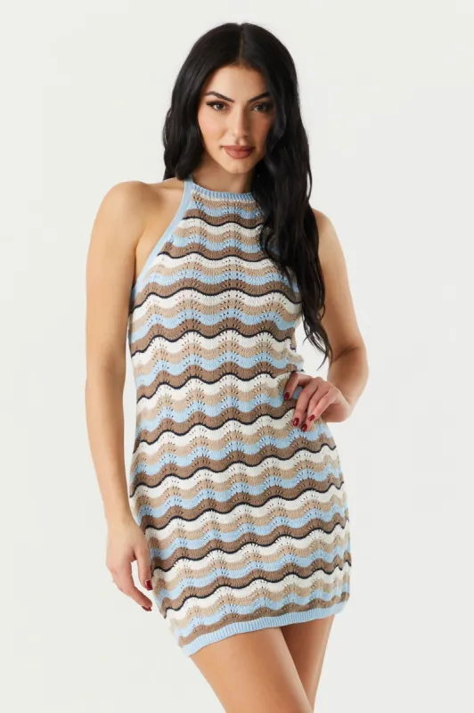 Printed Crochet Knit Halter Neck Mini Dress sold by Charlotte Russe