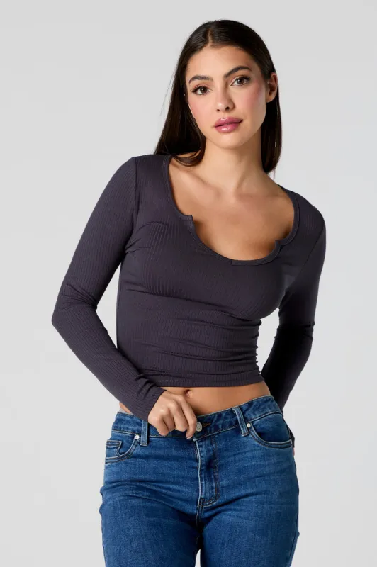 Ribbed Wide Notched Long Sleeve Top sold by Charlotte Russe
