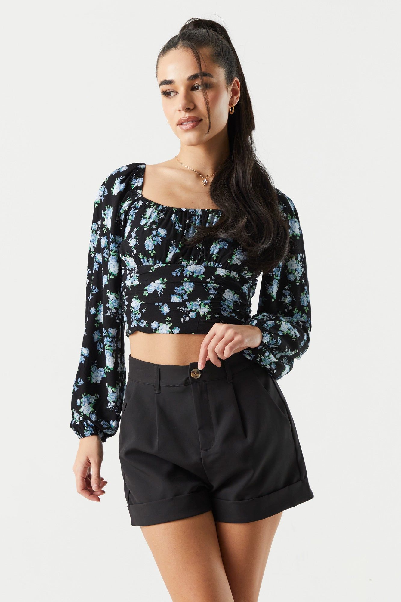 Black Floral Print Smocked Milkmaid Top sold by Charlotte Russe