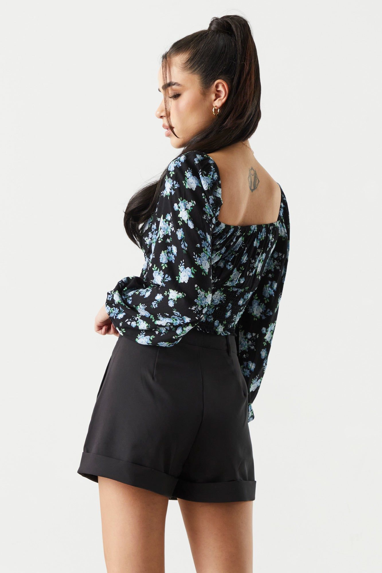 Black Floral Print Smocked Milkmaid Top sold by Charlotte Russe product image thumbnail 2