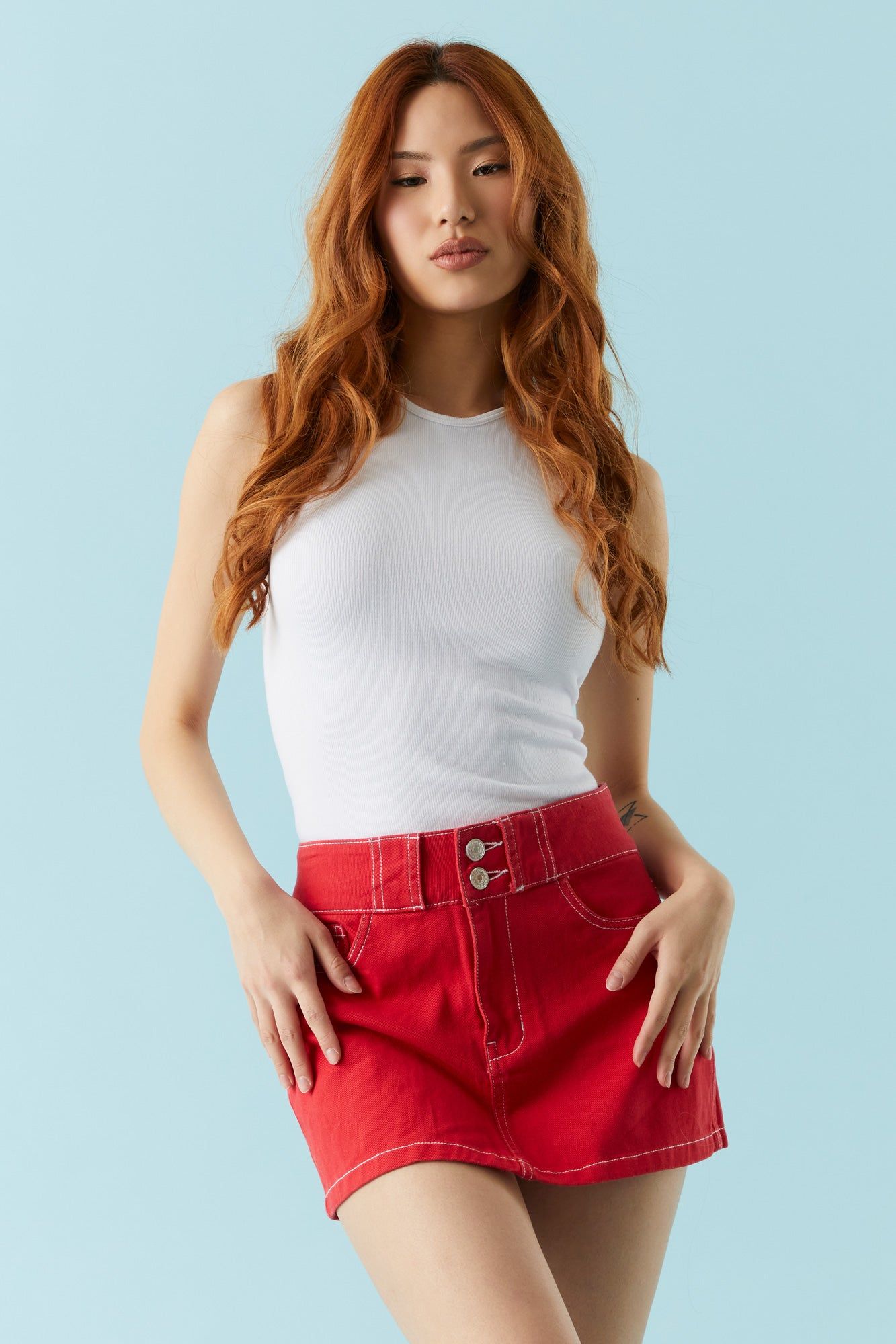Bull Denim Coloured Mini Skirt sold by Charlotte Russe