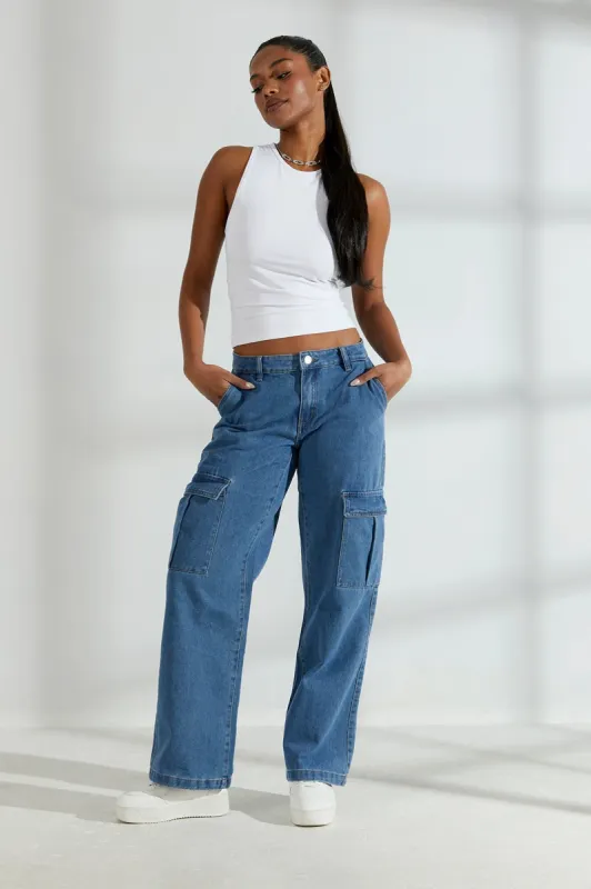 Refuge Medium Wash Low Rise Wide Leg Cargo Jean sold by Charlotte Russe