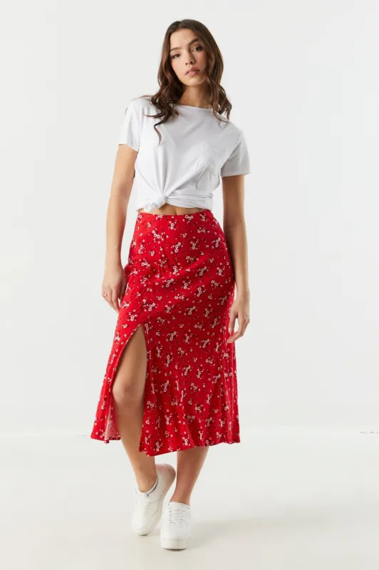 Floral Side Slit Midi Skirt sold by Charlotte Russe