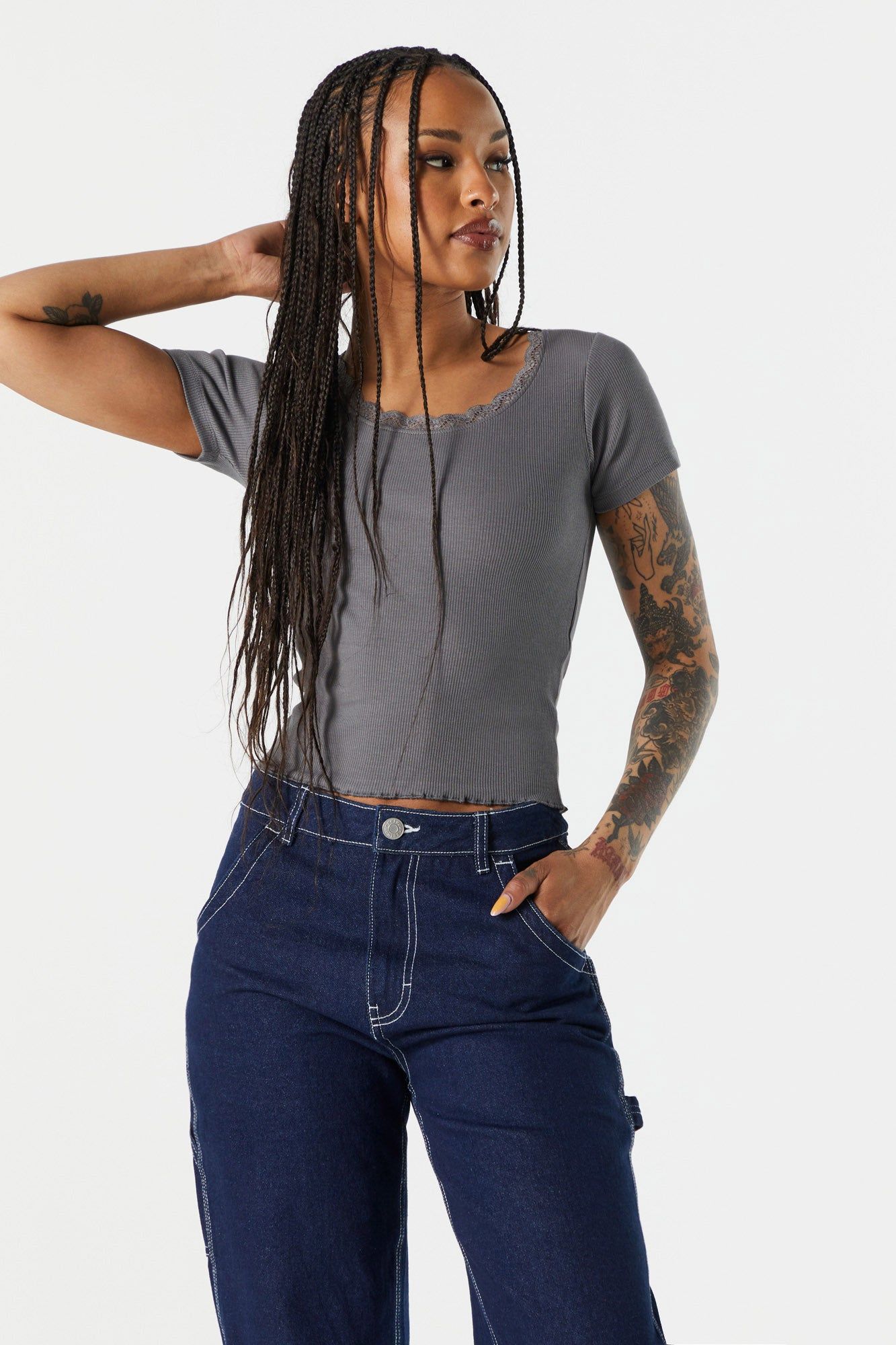 Ribbed Lace Trim Skimmer T-Shirt sold by Charlotte Russe product image thumbnail 4