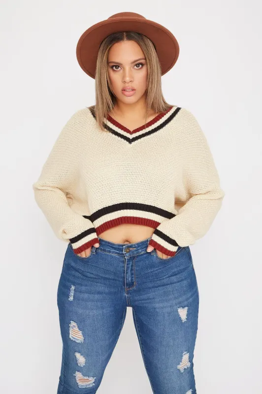 Plus Size Knit Dual Striped V-Neck Sweater sold by Charlotte Russe