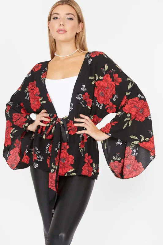 Printed Bell Sleeve Front Tie Kimono Blouse sold by Charlotte Russe