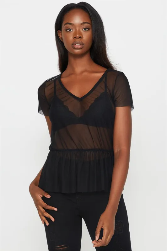 Black Mesh V-Neck Peplum Babydoll Top sold by Charlotte Russe