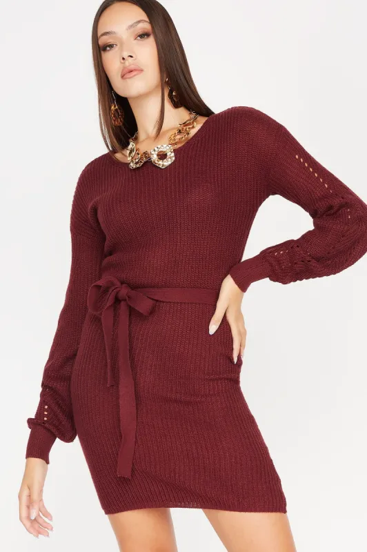 Knit Eyelet Long Sleeve Self-Tie Belted Sweater Dress sold by Charlotte Russe