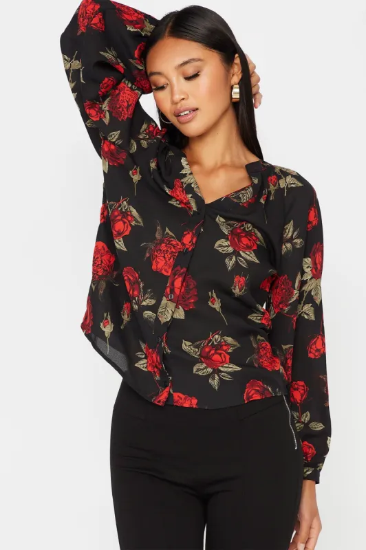 Floral Button Front Long Puff Sleeve Blouse sold by Charlotte Russe