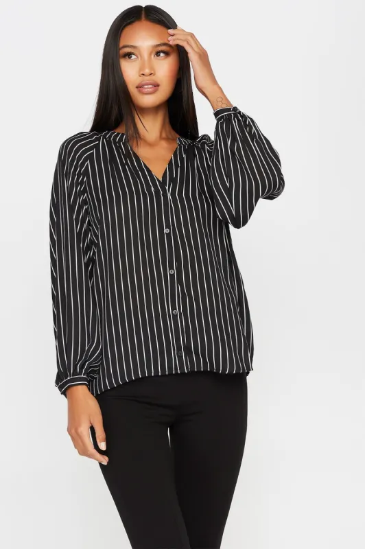 Striped Button Front Long Puff Sleeve Blouse sold by Charlotte Russe