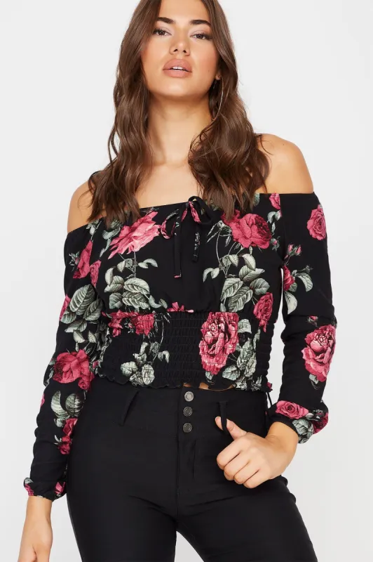 Soft Off The Shoulder Floral Smocked Peasant Blouse sold by Charlotte Russe