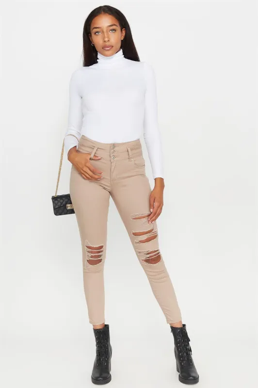 Jeans Ajustados Desgastados Levanta Cola Cintura Alta 3 Botones sold by Charlotte Russe