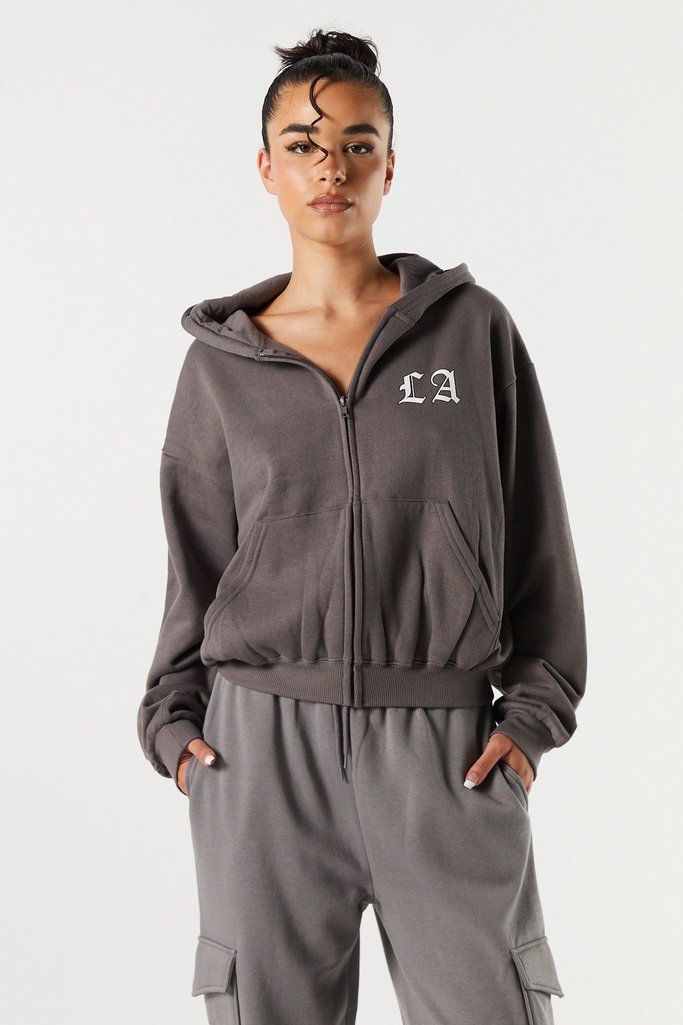 LA Graphic Fleece Zip-Up Hoodie sold by Charlotte Russe
