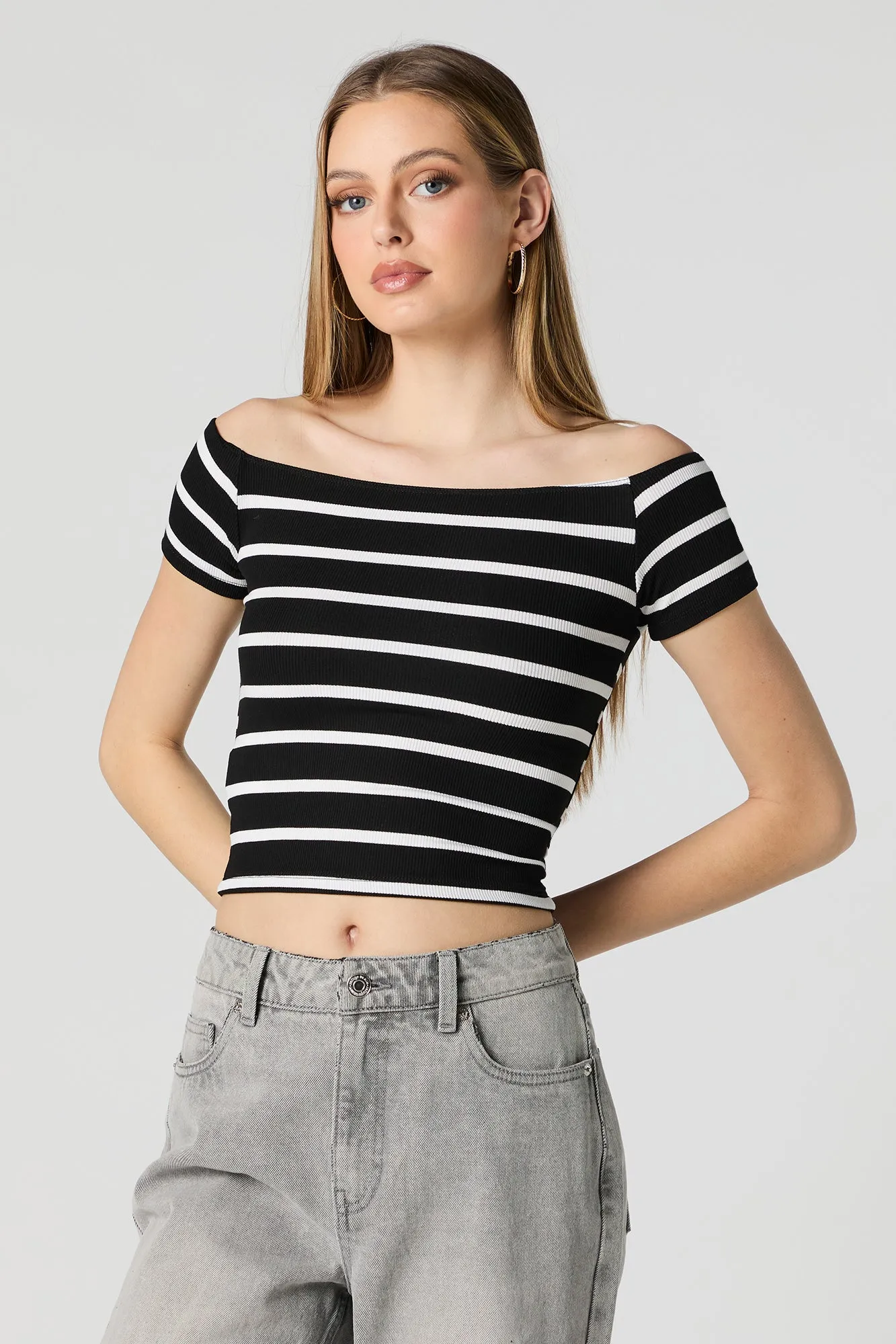 Striped Ribbed Off Shoulder Short Sleeve Crop Top sold by Charlotte Russe