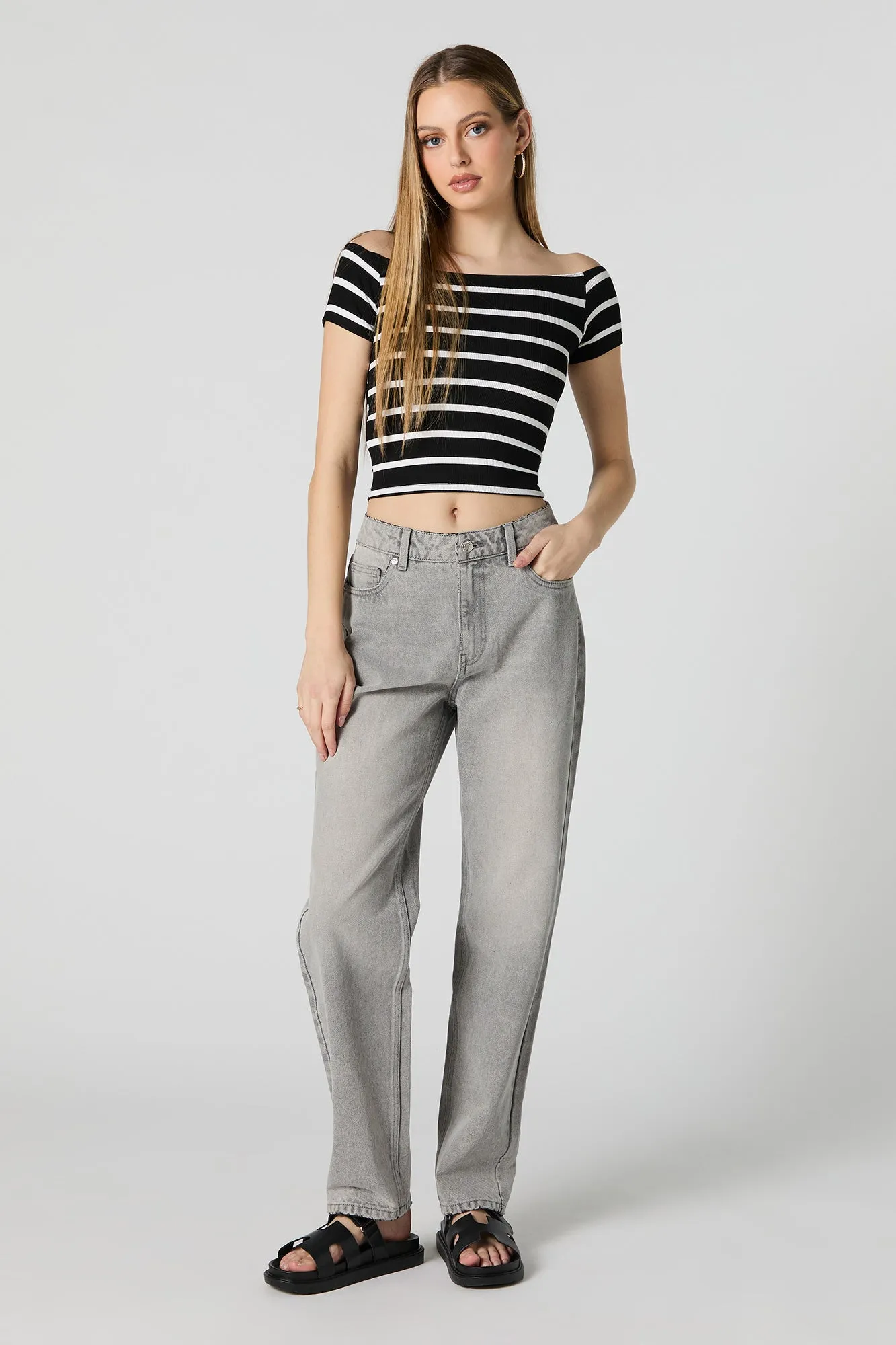 Striped Ribbed Off Shoulder Short Sleeve Crop Top sold by Charlotte Russe product image thumbnail 3