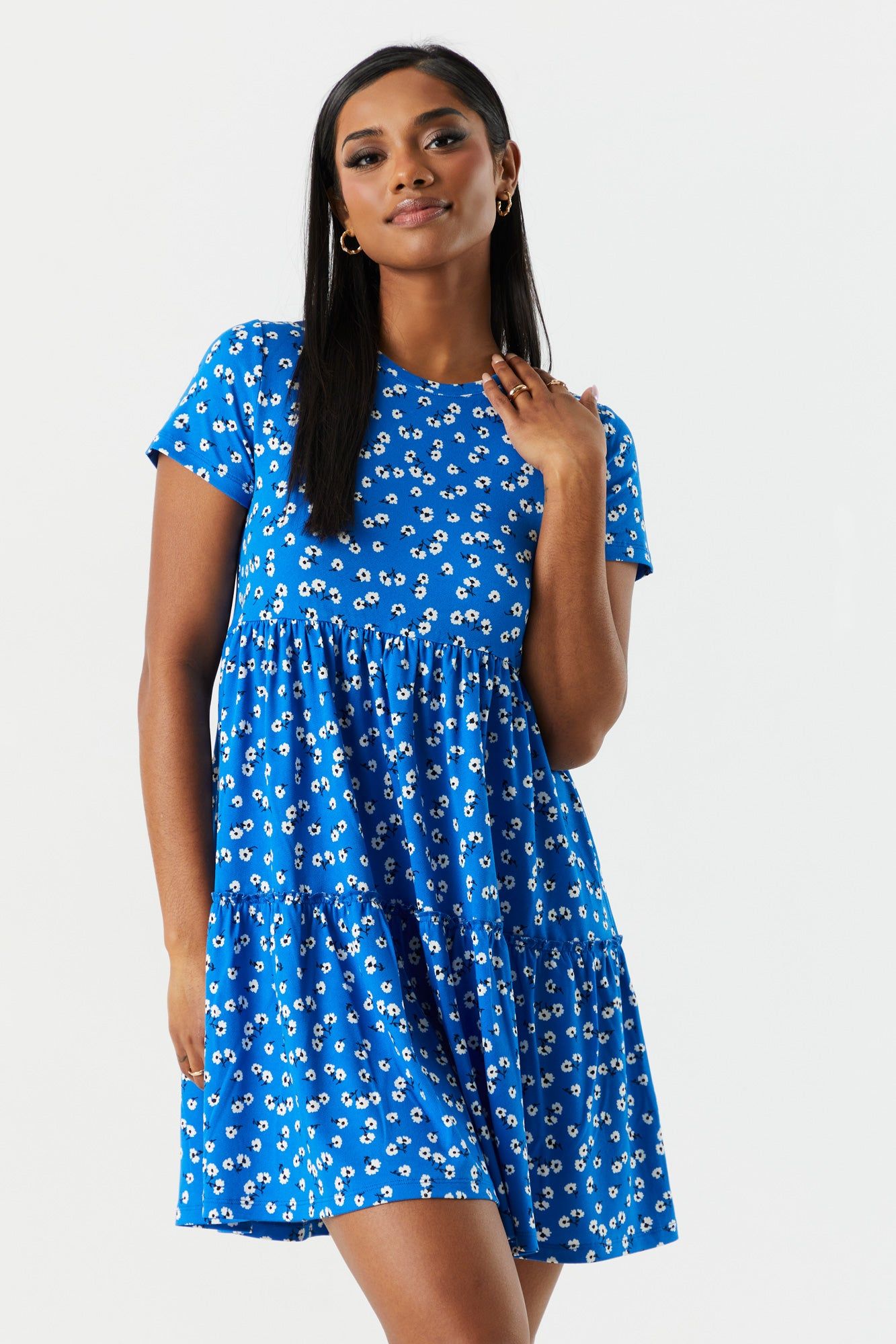 Blue Floral Tiered Babydoll Dress sold by Charlotte Russe
