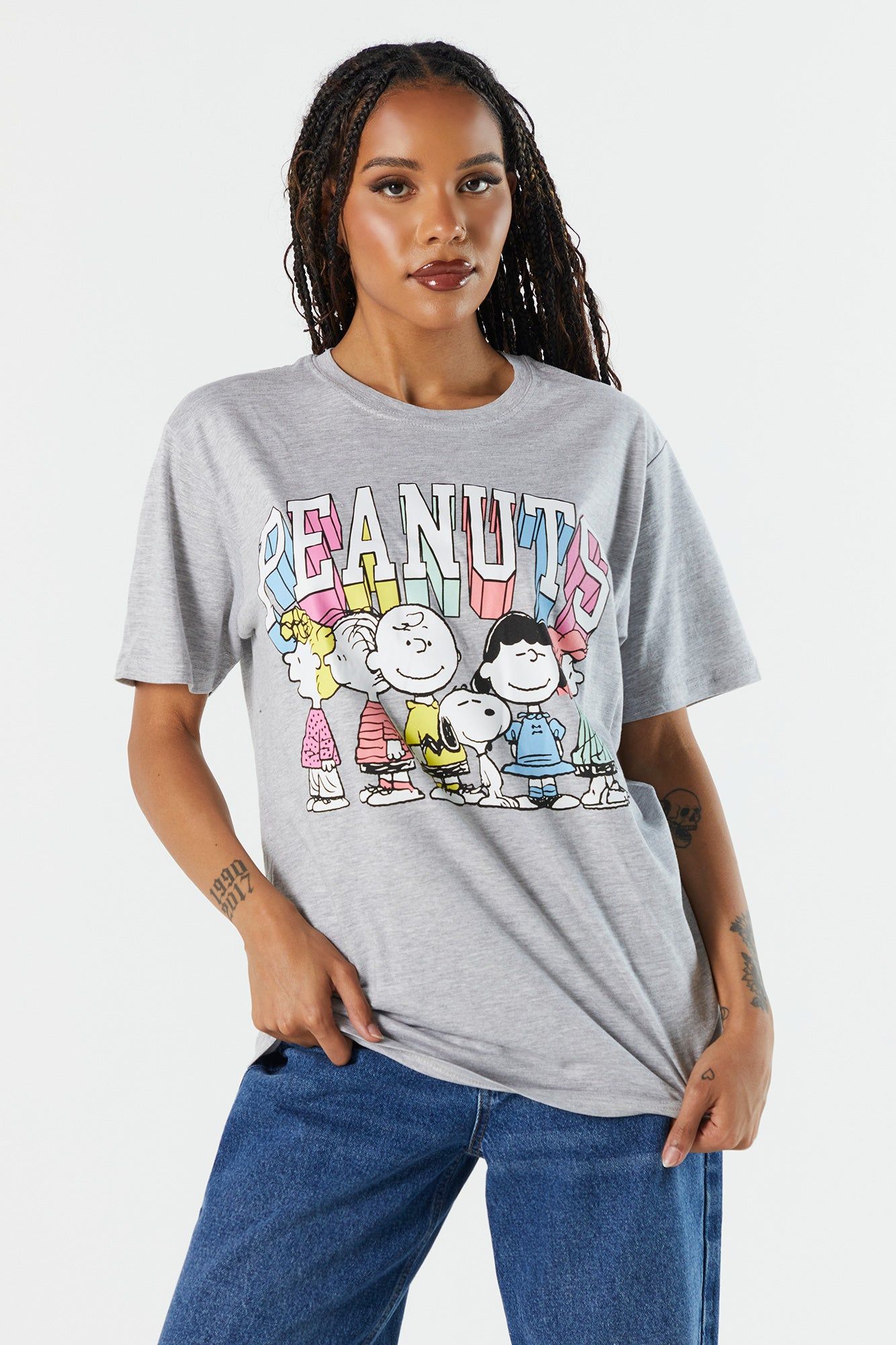 Grey Peanuts Graphic Boyfriend T-Shirt sold by Charlotte Russe