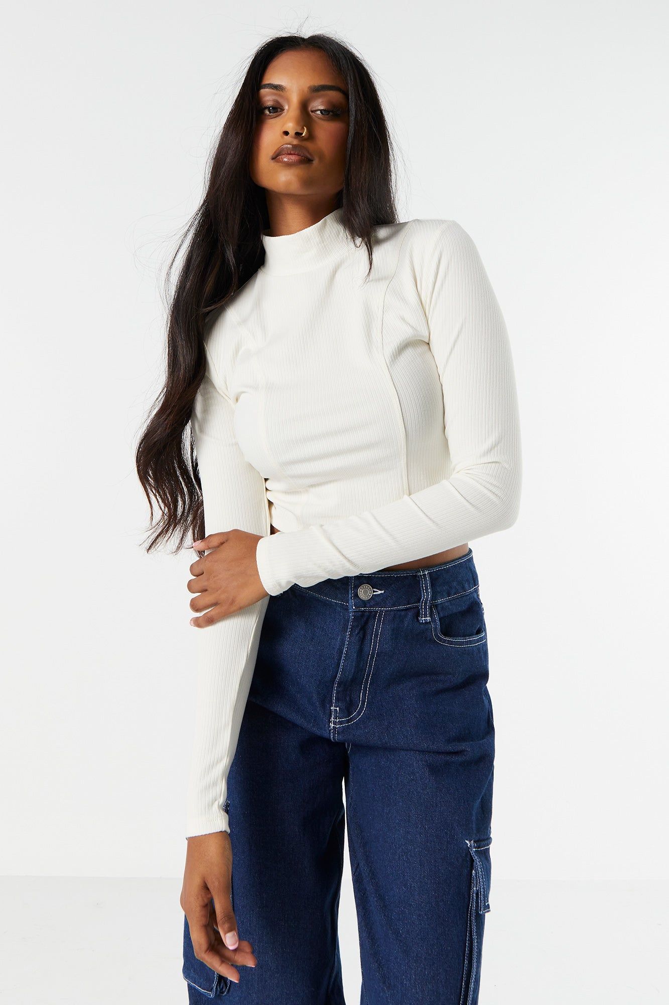 Ribbed Mock Neck Corset Long Sleeve Top sold by Charlotte Russe product image thumbnail 2