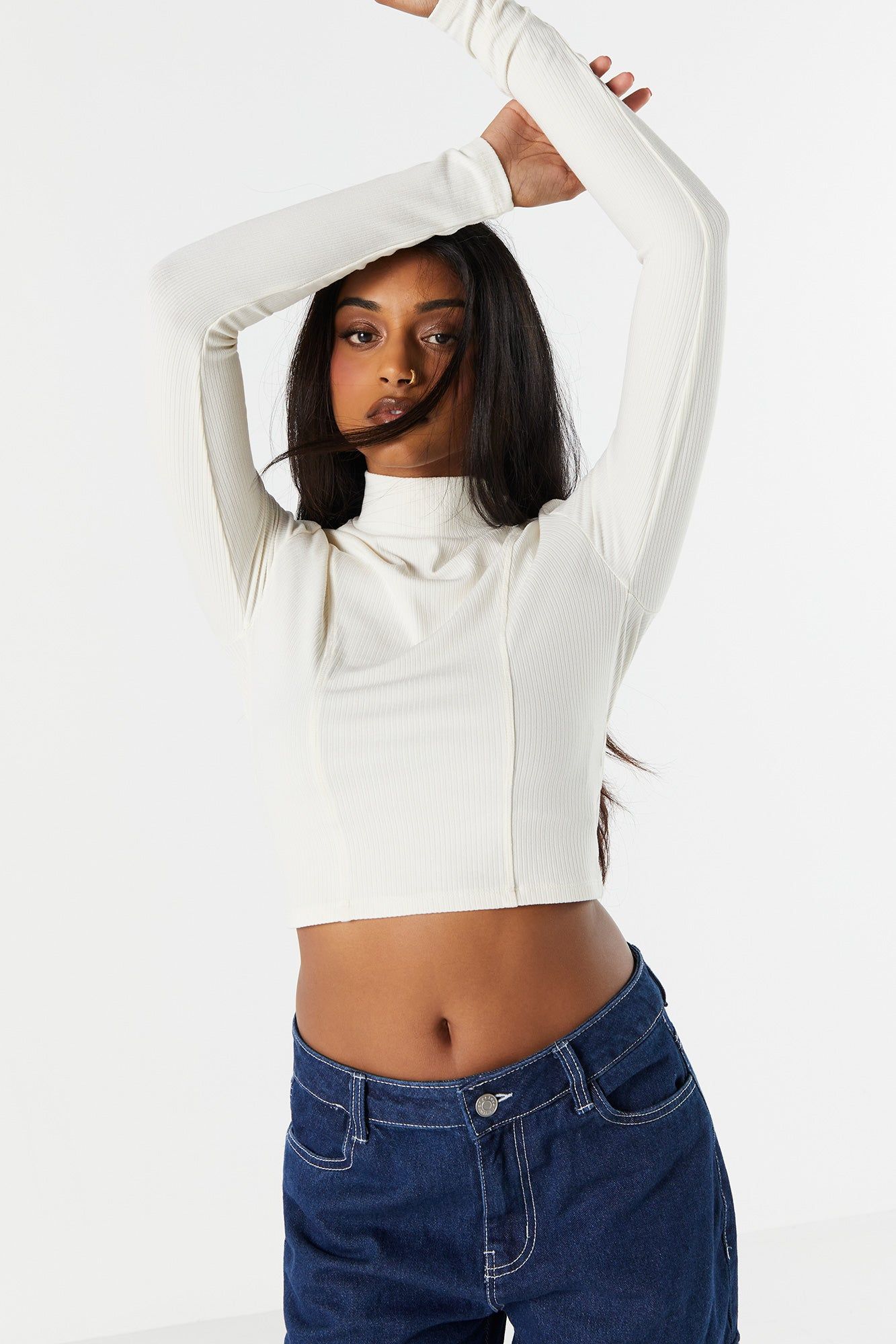 Ribbed Mock Neck Corset Long Sleeve Top sold by Charlotte Russe