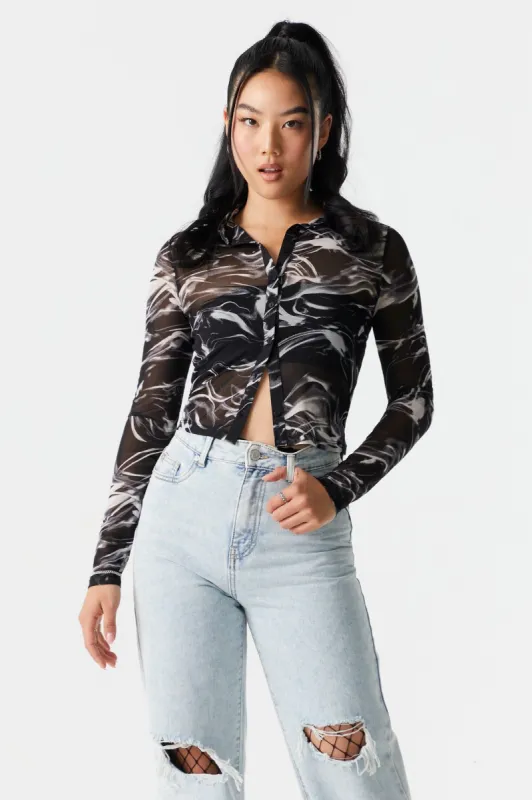 Mesh Smoke Print Button-Up Polo sold by Charlotte Russe