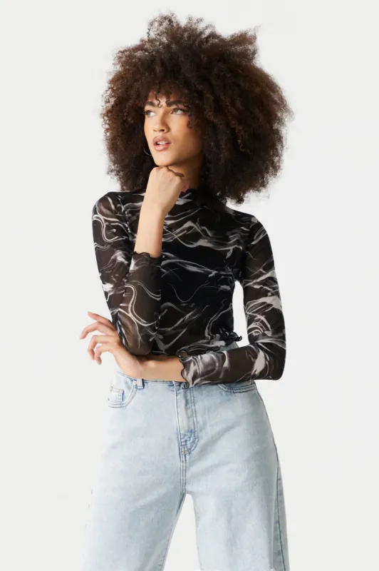 Mock Neck Marble Print Lettuce Hem Mesh Cropped Top sold by Charlotte Russe