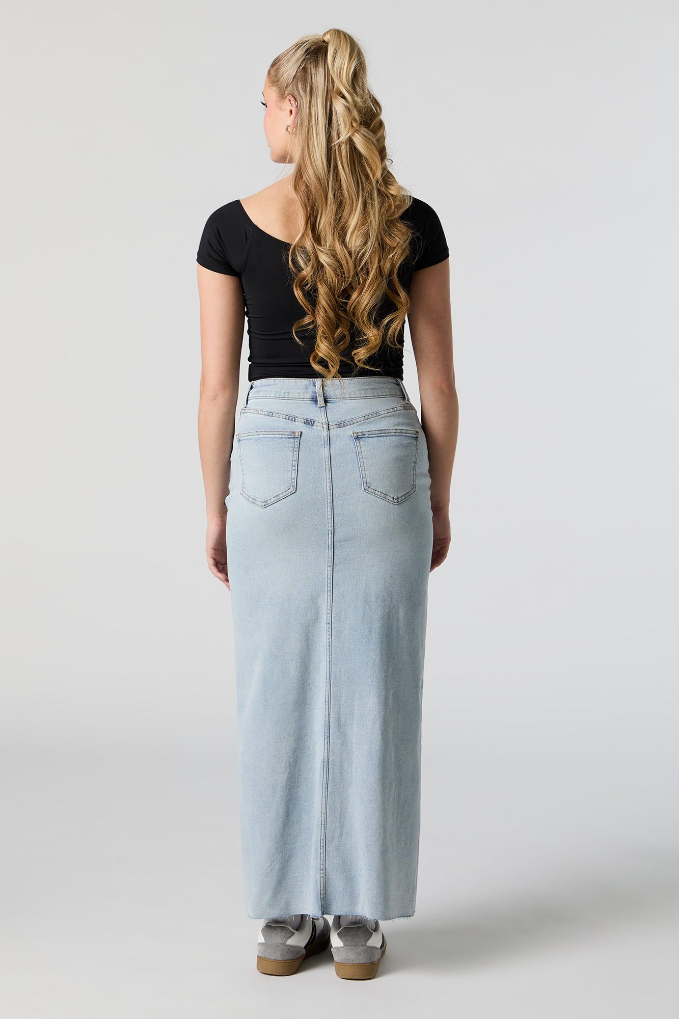 Light Denim Front Slit Maxi Skirt sold by Charlotte Russe product image thumbnail 3