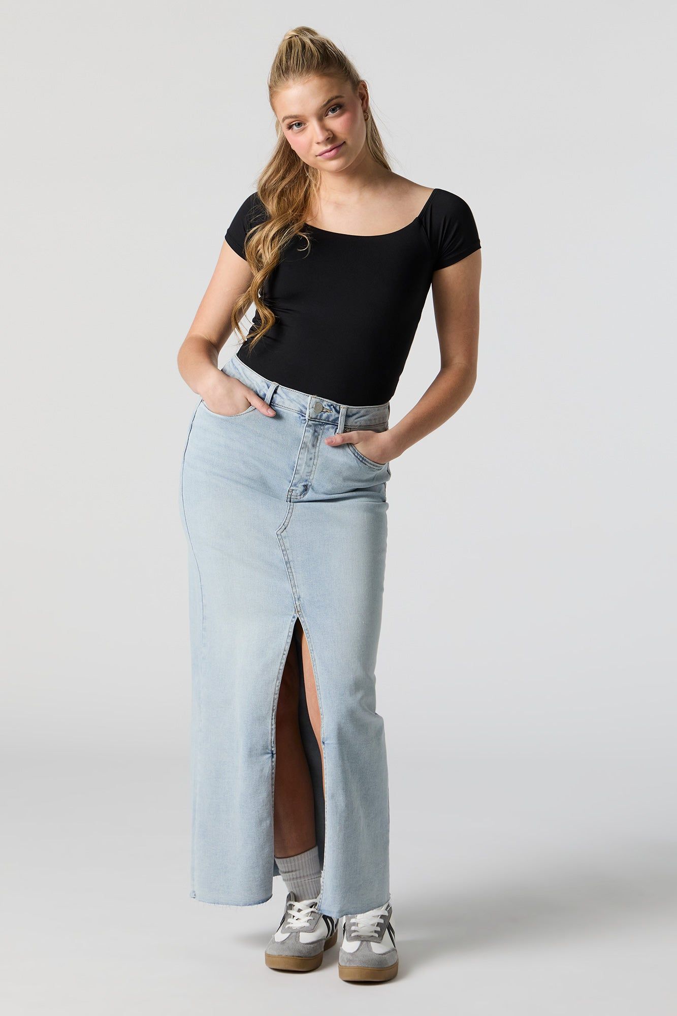 Light Denim Front Slit Maxi Skirt sold by Charlotte Russe