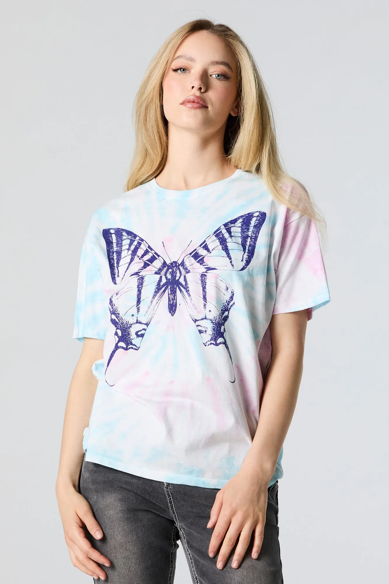 Butterfly Graphic Tie-Dye T-Shirt sold by Charlotte Russe