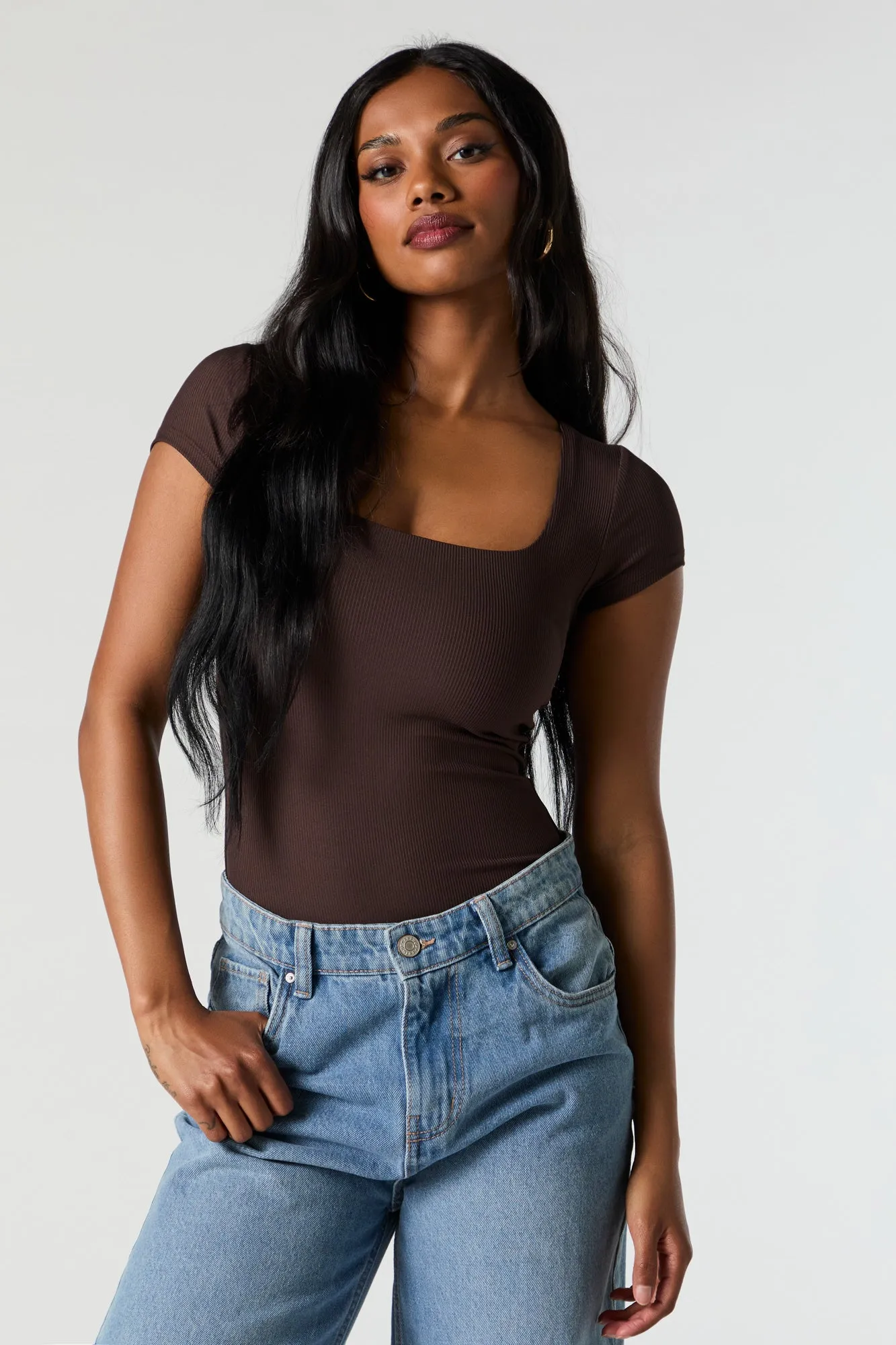 Contour Ribbed Square Neck Short Sleeve Bodysuit sold by Charlotte Russe