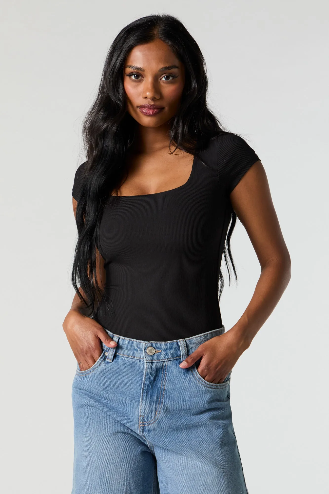 Contour Ribbed Square Neck Short Sleeve Bodysuit sold by Charlotte Russe product image thumbnail 5