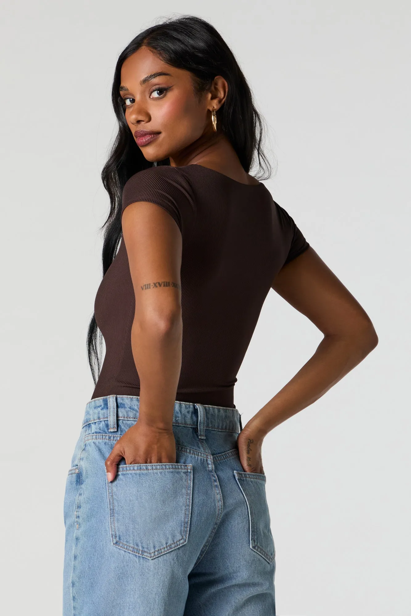 Contour Ribbed Square Neck Short Sleeve Bodysuit sold by Charlotte Russe product image thumbnail 4
