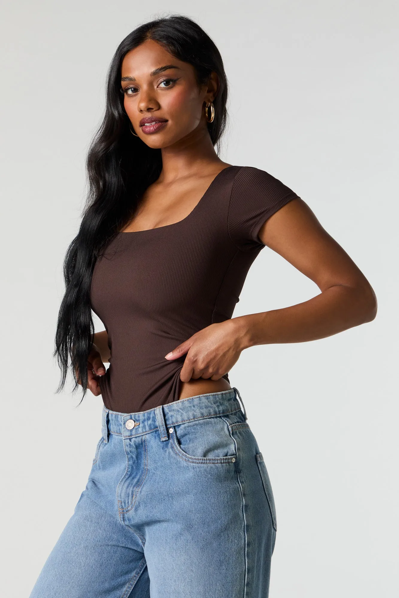 Contour Ribbed Square Neck Short Sleeve Bodysuit sold by Charlotte Russe product image thumbnail 2
