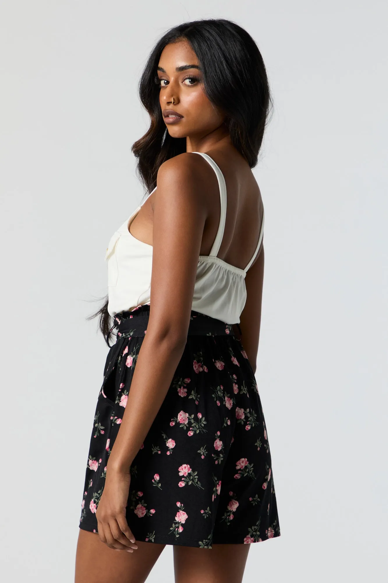 Black Floral Paperbag Button-Up Romper sold by Charlotte Russe product image thumbnail 2