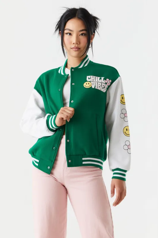 Good Vibes Graphic Oversized Varsity Jacket sold by Charlotte Russe
