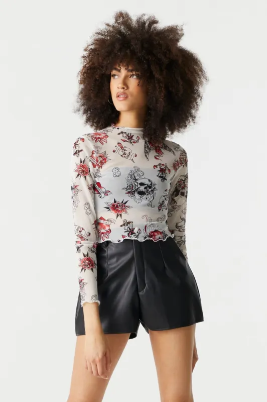 Mock Neck Skull and Rose Print Lettuce Hem Mesh Cropped Top sold by Charlotte Russe