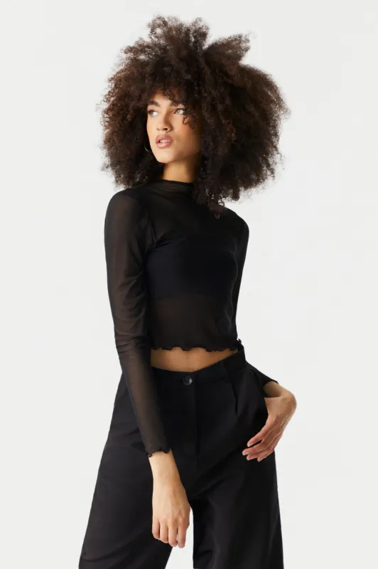 Mock Neck Lettuce Hem Mesh Cropped Top sold by Charlotte Russe