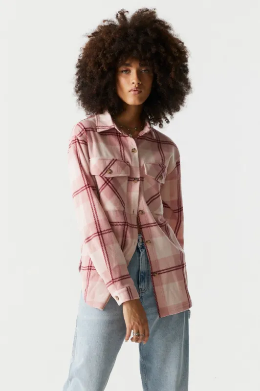 Pink Plaid Polar Fleece Shacket sold by Charlotte Russe