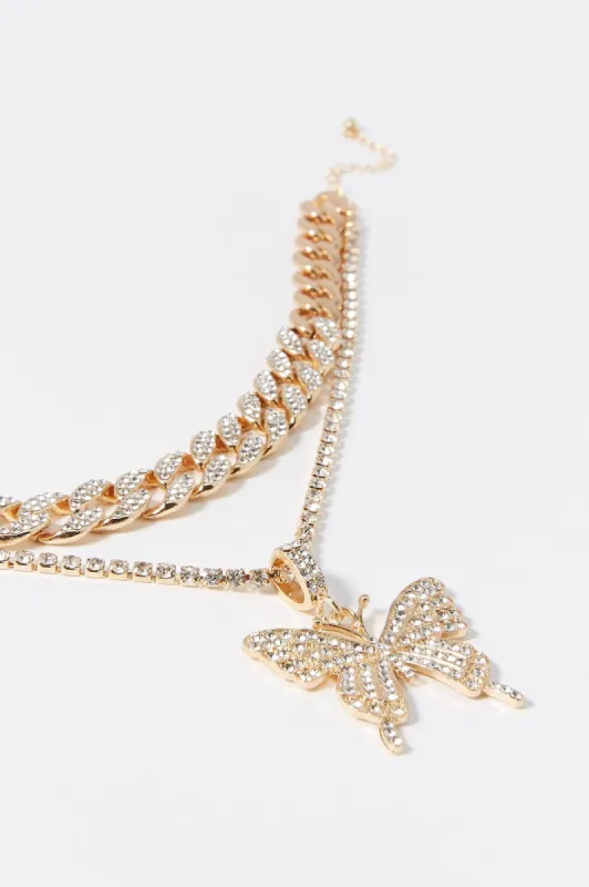 Layered Rhinestone Chain And Butterfly Necklace sold by Charlotte Russe