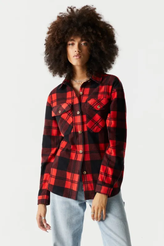 Red Plaid Polar Fleece Shacket sold by Charlotte Russe