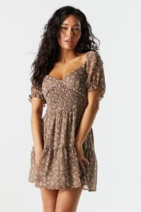 Printed Smocked Short Sleeve Tiered Dress sold by Charlotte Russe