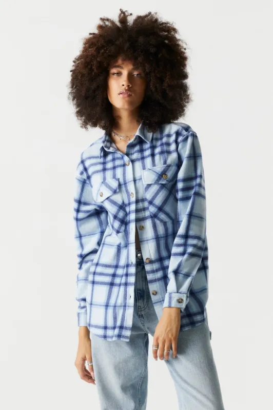 Blue Plaid Polar Fleece Shacket sold by Charlotte Russe