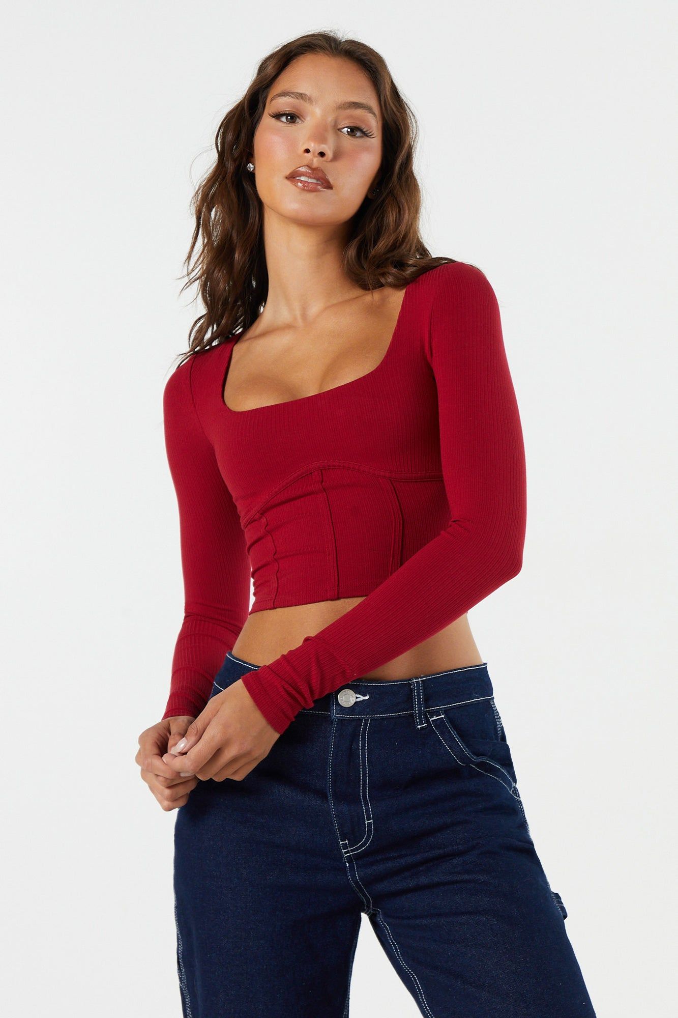 Ribbed Corset Long Sleeve Crop Top sold by Charlotte Russe product image thumbnail 16