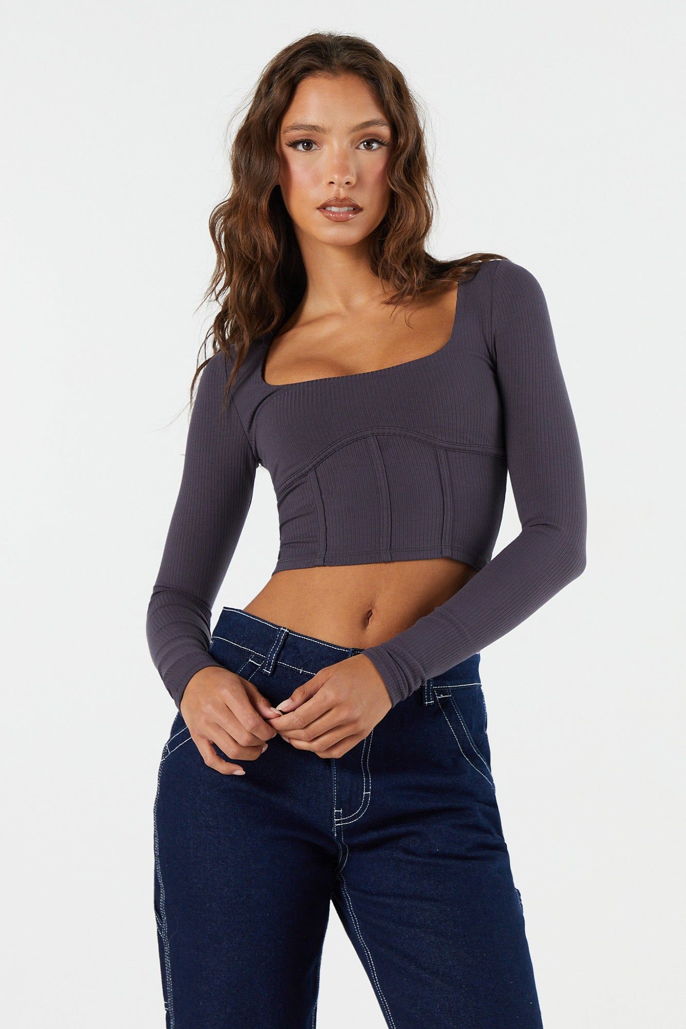 Ribbed Corset Long Sleeve Crop Top sold by Charlotte Russe product image thumbnail 7